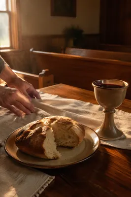 Communion Bread and Chalice in Wooden Chapel
