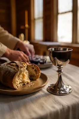 Communion Table with Bread and Chalice