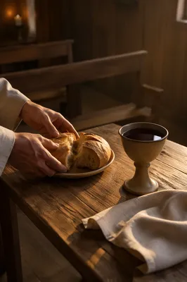 Rustic Communion Table with Bread and Chalice