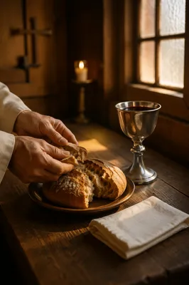 Reverent Communion Table with Bread and Chalice