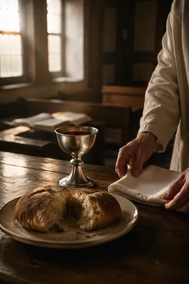 Reverent Communion Table with Bread and Chalice