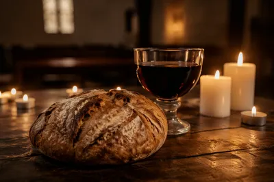 Candlelit Communion Table with Bread and Chalice