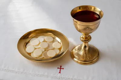 Communion Table with Bread Wine and Chalice