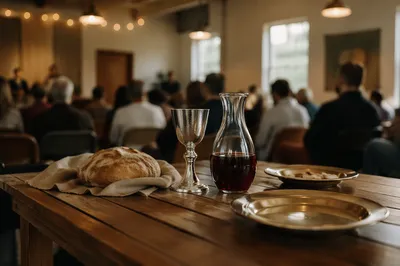 Communion Table with Bread Wine and Chalice