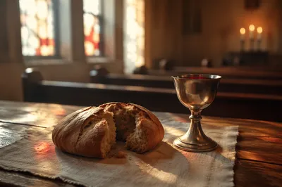 Communion Bread and Chalice in Quiet Chapel