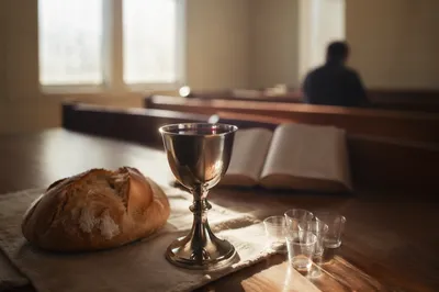 Communion Table with Bread Wine and Chalice