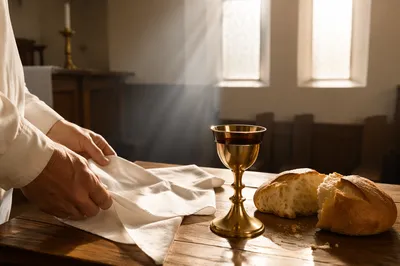 Sacred Communion Table with Bread and Chalice