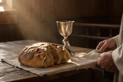 Communion Bread and Chalice in Wooden Chapel