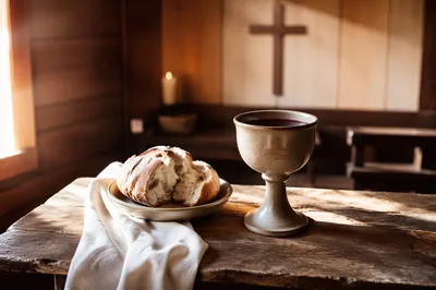 Rustic Communion Table with Bread and Chalice