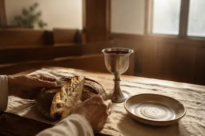 Reverent Communion Table with Bread and Chalice