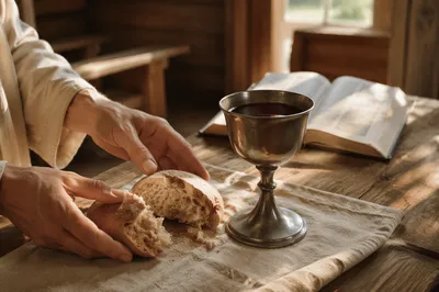 Communion Bread and Chalice in Wooden Chapel