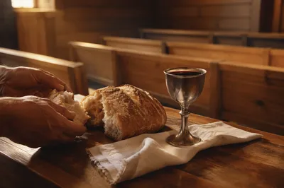 Rustic Communion Table with Bread and Chalice