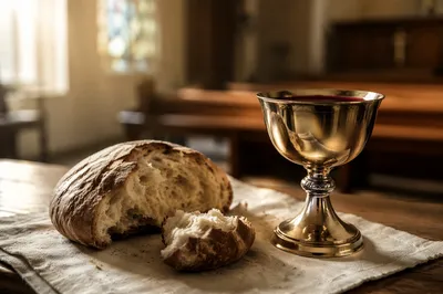 Communion Bread and Chalice on Table