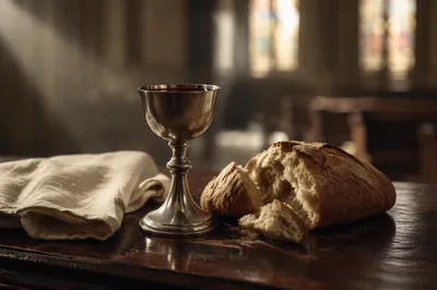 Communion Bread and Wine on Table