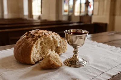 Communion Bread and Silver Chalice Close-Up