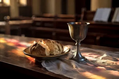 Communion Bread and Chalice on Wooden Table