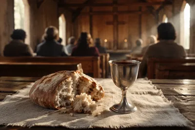 Reverent Communion Table with Bread and Chalice