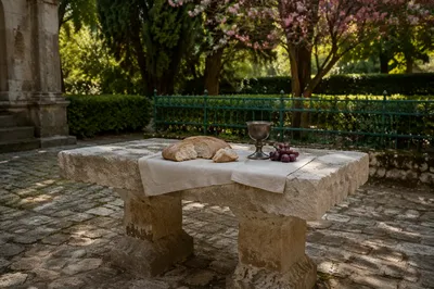 Outdoor Communion Table with Bread and Chalice