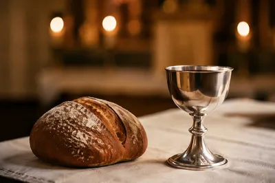 Reverent Communion Table with Bread and Chalice