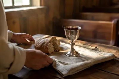 Sacred Communion Table with Bread and Chalice