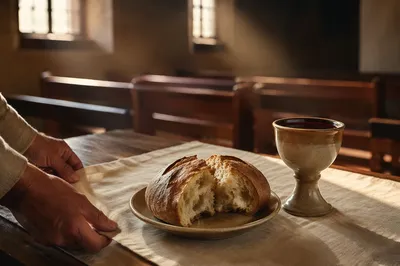 Rustic Communion Table with Bread and Chalice