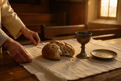 Reverent Communion Table with Bread and Chalice