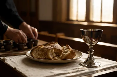 Communion Table with Bread and Silver Chalice