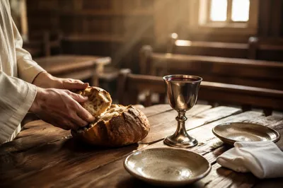 Communion Table with Bread and Chalice