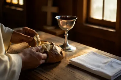 Quiet Communion Table with Bread and Chalice