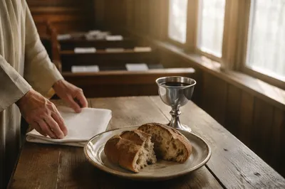Communion Bread and Chalice in Wooden Chapel