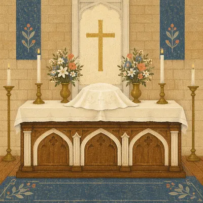 Communion Table with White Cloth and Cross