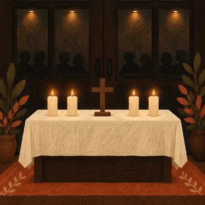 Reverent Communion Table with Cross and Candles