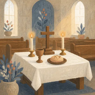 Reverent Communion Table with Candles and Cross