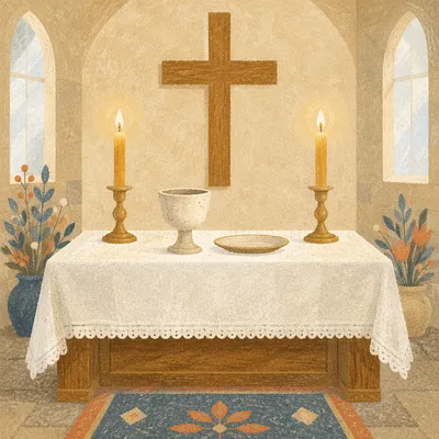 Reverent Communion Table with Cross and Candles