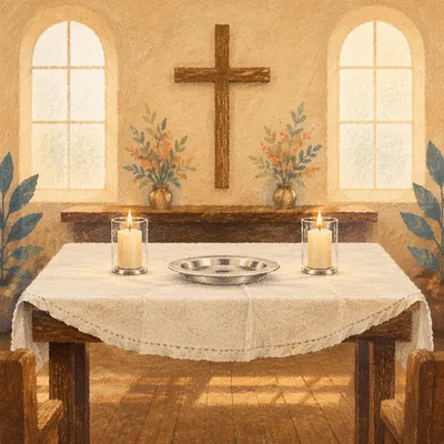 Reverent Communion Table with Cross and Candles
