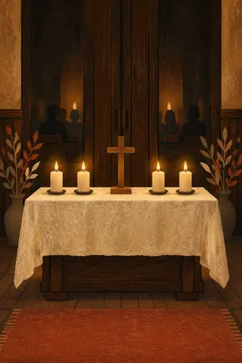 Reverent Communion Table with Cross and Candles
