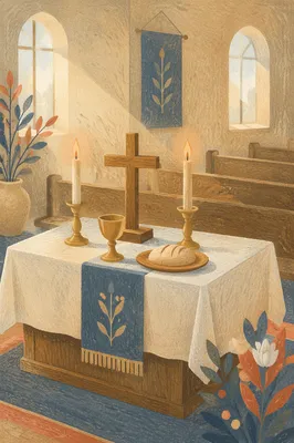Reverent Communion Table with Cross and Candles