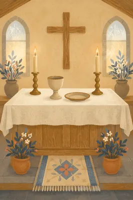 Reverent Communion Table with Cross and Candles