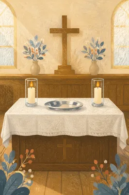 Reverent Communion Table with Cross and Candles