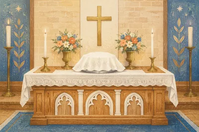 Communion Table with Cross and Candles
