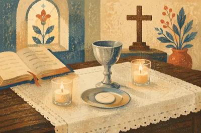 Reverent Communion Table with Candles and Cross