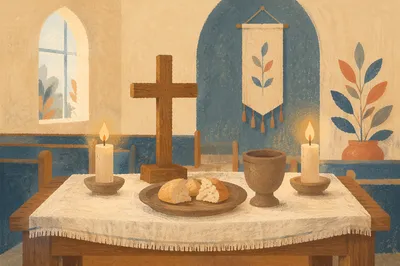 Reverent Communion Table with Cross and Candles