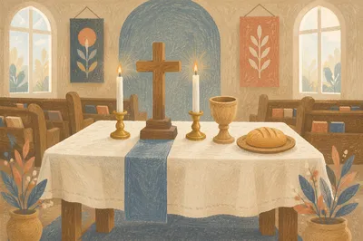 Reverent Communion Table with Cross and Candles