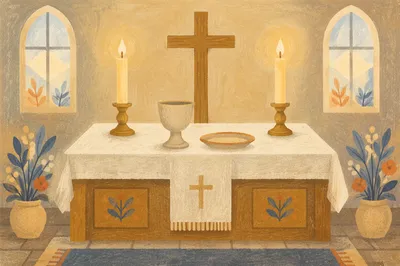 Serene Communion Table with Cross and Candles