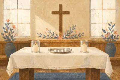 Reverent Communion Table with Cross and Candles