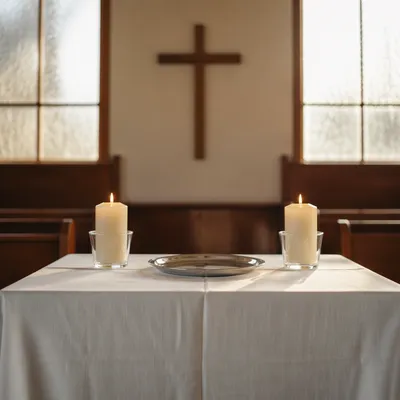 Reverent Communion Table with Cross and Candles