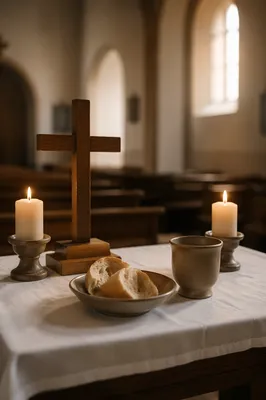 Reverent Communion Table with Cross and Candles