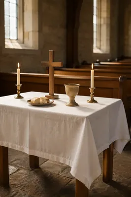 Reverent Communion Table with White Cloth