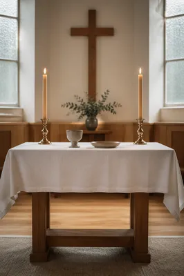 Serene Communion Table with Cross and Candles