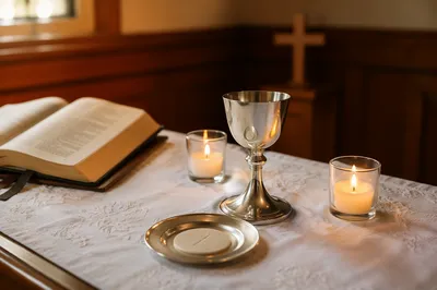 Reverent Communion Table with Candles and Cross
